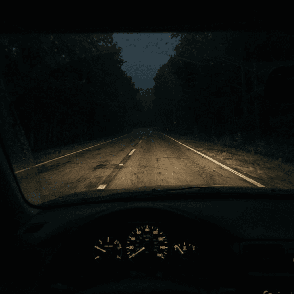 Rodovia à noite iluminada por farol halógeno, com pouca visibilidade da pista