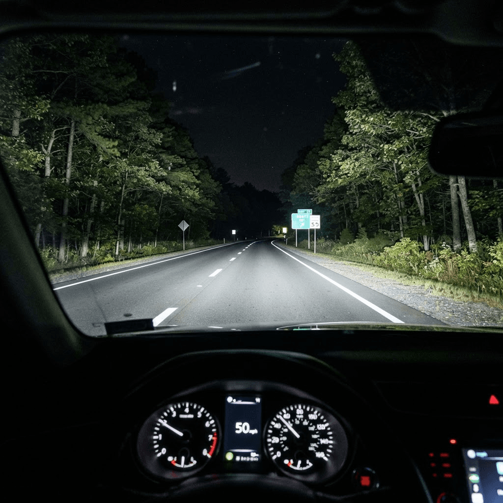 Rodovia à noite iluminada por farol LED, com boa visibilidade da pista