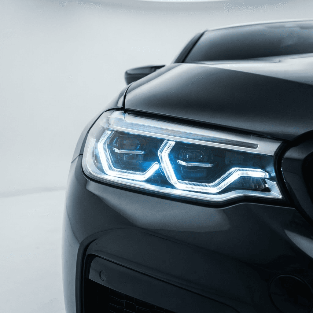 Farol de carro com kit de LED instalado, iluminação branca e nítida